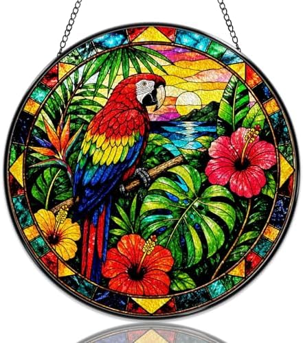 Stained Glass Window Hanging Tropical Parrot and Hibiscus Sun Catchers Vibrant Jungle Bird Suncatchers Decorative for Home Garden Outdoor & Indoor Colorful Gift 9.8 Inch by Unknown