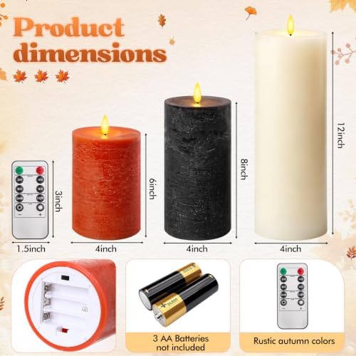 Retisee 3 Pcs 6/8/12" Fall Flameless LED Candles Decorations for Home - Image 2