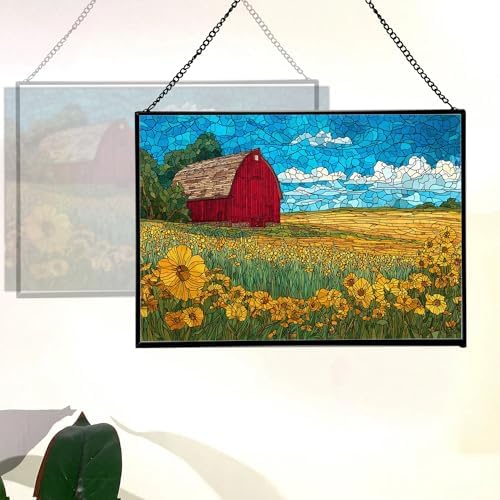 Barn Surrounded by Summer Wildflowers Rectangular Stained Glass Suncatcher – Hanging Window Panel with Animal & Nature Scene – Vibrant Glass Art Gift for Wildlife, Fantasy, Nature Lovers UGt1vK - Image 3