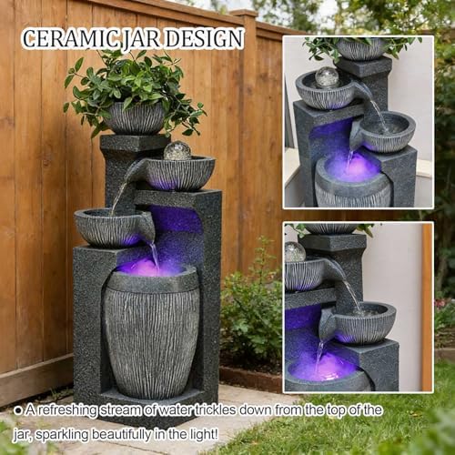 26.8" Tall Water Fountain Outdoor Garden, 4 Tiers Modern Cascading Bowls Water Fountain Outdoor Indoor Garden with LED Lights & Atomizer for Patio, Deck, Porch, Backyard Art Decor,C - Image 3