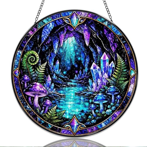 9.84 Inch Stained Glass Window Hanging Crystal Cave Forest Mushroom Sun Catchers Fantasy Nature Landscape Art Suncatchers for Home Porch Garden Indoor & Outdoor Decor by Unknown