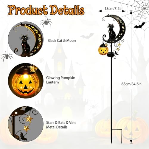 Solar Halloween Black Cat Pumpkin Moon Garden Stake Light Outdoor Decor 2Pk - Image 2