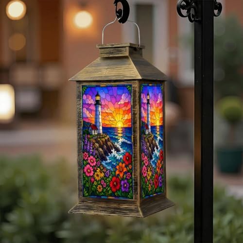 Solar Lantern Outdoor Waterproof Colorful Stained Glass Lighthouse Ocean Waves Sunset Flowers Garden Decor LED Hanging Solar Lights Tabletop Lamp Gifts for Women Mom Outside Yard Patio Porch by DERUINVAIO