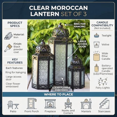 VELA LANTERNS Set of 3 Clear Glass & Black Metal Moroccan Candle Lantern Holders (XL, Large, Small) - Decorative Indoor/Outdoor Decor for Patio, Floor, Weddings & Ramadan - Image 6