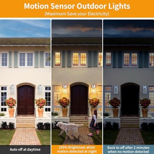 2 Pack Silver Motion Sensor Outdoor Light Fixtures Wall Mount, Dusk to Dawn Front Porch Lights for House, Exterior Wall Sconce, Waterproof Lantern Lamp,Outside Coach Light for Garage Entryway Yard - Image 2