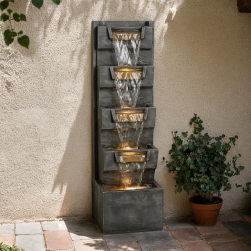 39'' H Outdoor 5-Tiered Water Fountain with LED Lights, Outdoor Stone-Look Cascading Fountains, Landscaping Fountain for Garden, Patio, Deck, Porch, Balcony, Backyard and Home Decor, Grey by Unknown