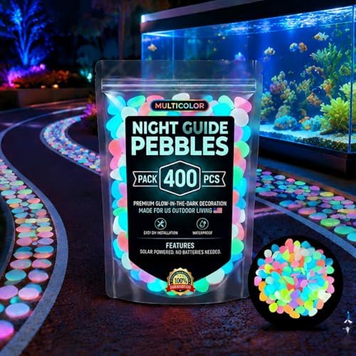 Glow in the Dark Rocks Outdoors, Decorative Night Guide Pebbles for Landscaping & Garden Pathway, Colored Glow Stonesfor Fish Tank, Aquarium Decor & Planters, Luminous Stones for Vases (400, Multi) by CNVNTAO