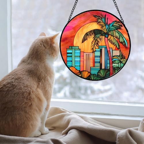 CHATYOUNG Stained Glass Window Hanging Sunrise Coconut Tree Large 11.8" - Colorful Suncatcher Door Garden Home Decor and Christmas Mother's Day Birthday Gifts for Grandma Mom Women Wife Friend Men - Image 3