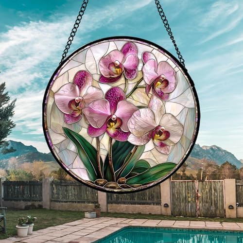 Pink Orchid Stained Glass Window Hanging Suncatcher Gifts for Women 15" - Image 3