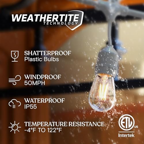 Brightech Ambience Pro Waterproof LED Outdoor String Lights, 48 Ft, Hanging, Dimmable Vintage Edison Bulbs, 15 Bulbs, 2W - Image 2