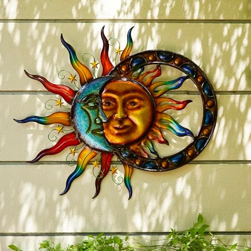 Glitzhome Sun and Moon Wall Decor, 33.5 Inch Celestial Metal Wall Art with Glossy Color Finish and Antique Details, Outdoor Sun and Moon Decor for Garden Porch Patio Home - Image 4