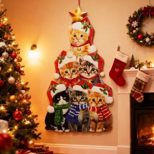 Cat Christmas Garden Stakes 30in Metal Santa Hat Stacking Yard Decor - Image 6