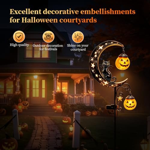 2026 News Solar Halloween Black Cat and Pumpkin Moon Garden Stake Light 4PCS, Hanging Pumpkin Lanterns Outdoor for Pathway, Yard, Patio and Lawn Decor.Powered Entirely by the Sun - Image 6
