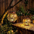 JOIEDOMI 2 Pack Outdoor Solar Hanging Lantern Lights, Waterproof Tabletop with Handle, LED Moroccan Lanterns, Metal Decorative Garden Solar Lights Spring for Patio, Lawn, Porch, Backyard by Joiedomi
