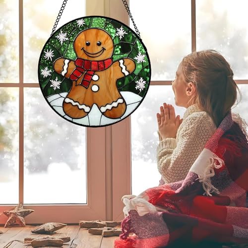 Smiling Gingerbread Man Stained Glass Window Hanging Suncatcher Gifts 12" - Image 4