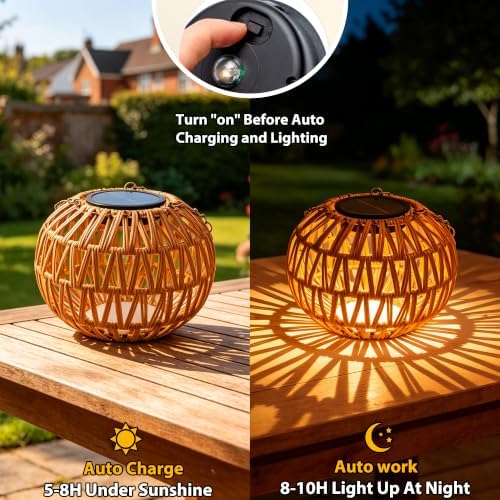 Solar Hanging Lanterns Outdoor Waterproof, 2 Pack Hanging Solar Lights for Outside with 7.25in Boho Lantern, Outdoor Rattan Chandelier Lights for Porch Decor Tree Garden Gazebo Patio Backyard Gifts - Image 2
