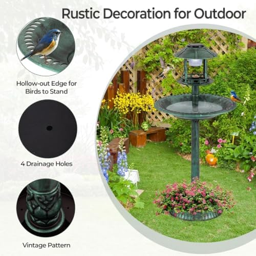 LDAILY Outdoor Bird Bath, 42’’ Solar Lighted Pedestal Birdbaths with Birds Feeder ,20’’ Water Bowl, Flower Planters and 3 Stakes, Attract Birds Antique Bird Bath for Outside Garden, Yard (Green, 42‘’) - Image 3