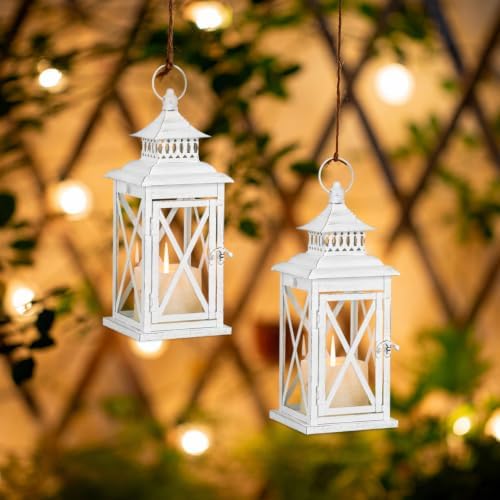 Lantern Decorative Indoor & Outdoor, 2 PCS 14.8''H Large Square Hanging Spring Home Decor, Vintage Metal Decorative Candle Lanterns for Outdoor Patio Wedding Party (White with Black Brush) - Image 4