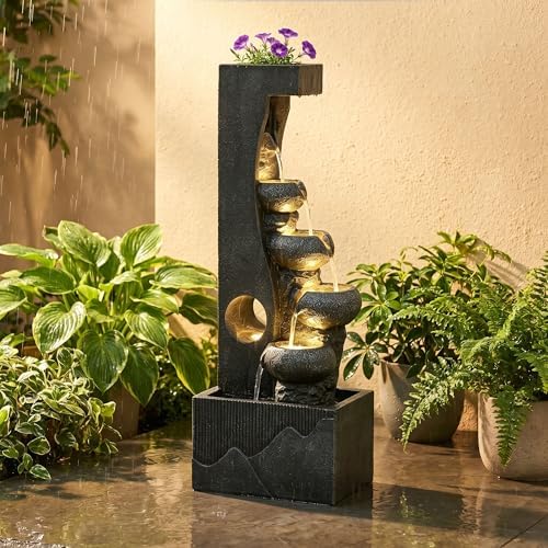 39" Outdoor Water Fountain, 5-Tier Cascading Floor-Standing Indoor Waterfall Fountains, Modern Large Water Feature with 5 Waterfalls & LED Lights, for Garden, Patio, Deck, Porch - Image 6