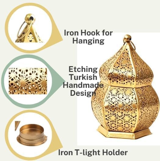 DESI SAMAAN Store Moroccan Iron Hanging Lantern Lamp, Tealight Holder, Lanterns for Home Decoration, Diwali Ganesh Chaturthi Christmas Eid Festival Balcony Décor Items (Golden) - Image 4