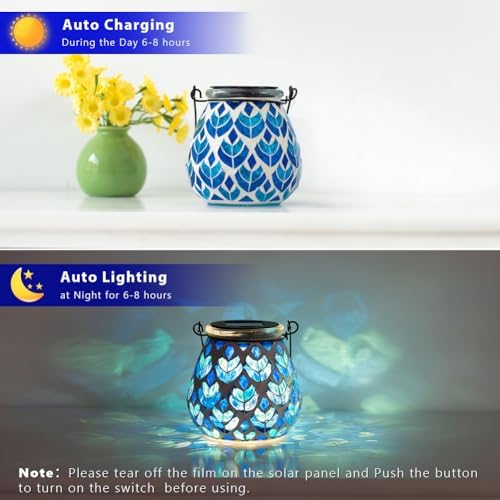 Stargarden 4 Pack Mosaic Solar Lanterns, Blue Glass Hanging Lantern - Image 2