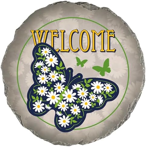 Magnolia Garden 10-Inch Welcome Butterfly Decorative Stepping Stone – Daisy Floral Resin Garden Walkway Tile – Vibrant Navy & Yellow Outdoor Accent Front Porch Entryway Decoration & Housewarming Gift by DicksonsGifts