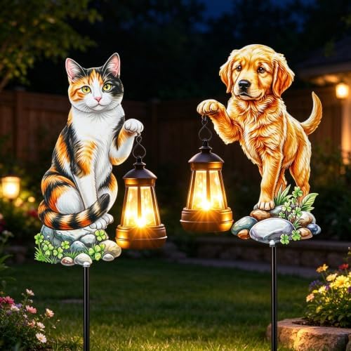 Solar Dog Cat Garden Stakes, 36.6" Metal Yard Art with Lantern 2 Pack by Unknown