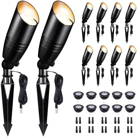 Black LED Outdoor Spotlights, Durable Low Voltage Landscape Lighting, Aluminum Waterproof Uplights for House, Garden, Lawn with 5W MR16 Bulb 2700K 10 Pack by Varmtalys