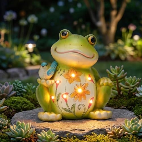 Solar Powered Frog Garden Statue, Resin Frog Figurine with Little Bird & Warm LED Lights, Waterproof Outdoor Decor Frog Sculpture, Lawn Yard Patio Backyard Flower Bed Ornament, Housewarming Gift by IVCOOLEGardenDecor-GiftChoice