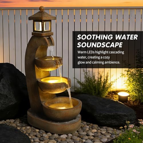 35.4''H Outdoor Water Fountain with LED Lights, 4 Tier Bowl Cascading Resin Lantern Style Garden Fountain for Patio Yard Porch Landscape, Easy Assembly, Brown - Image 5