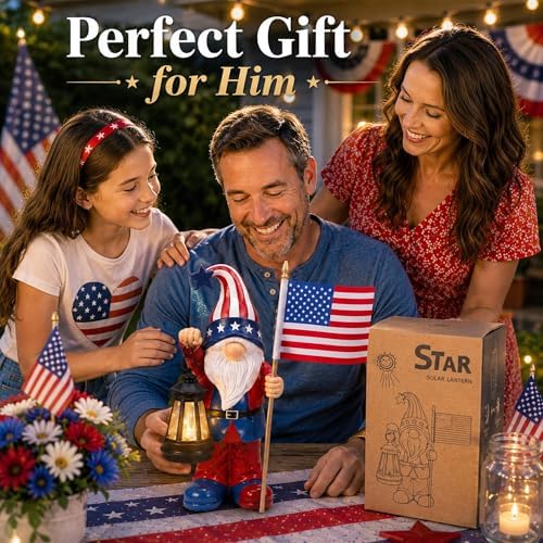 Nacome Solar Patriotic Gnomes Statues with Flag for Garden Decor - Image 2