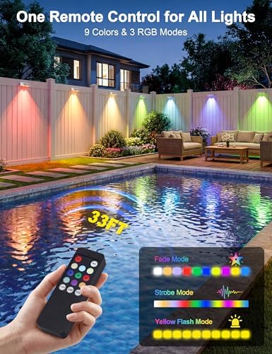 JOFIOS Fence Lights Solar Powered with Remote, 9 Fixed Colors ＆ Color Changing White Fence Lights Waterproof IP65 Dusk-to-Dawn LED Deck Lighting for Patio, Railing, Pool, Porch, Backyard, 12 Pack - Image 2