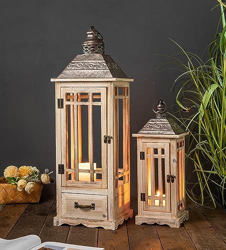 TIMRIS Large Rustic Wooden Metal Decorative Lantern Set of 2, Modern Farmhouse Floor Candle Lanterns with Drawer, Indoor/Outdoor Hanging Lanterns for Home Decor (No Glass) by TIMRIS