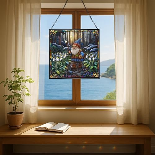 Snowdrop Gnome Walk Stained Glass Suncatcher – Square Hanging Window Panel for Home or Greenhouse – Whimsical Glass Art Gift for Garden Lovers, Christmas, Halloween, Father Days D9Mw7a - Image 6