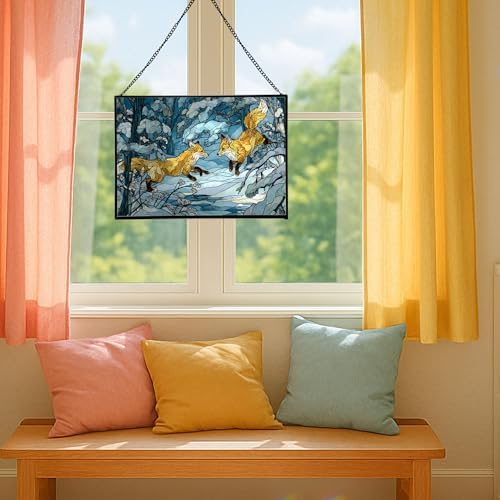 Foxes Playing in Snowy Clearing Rectangular Stained Glass Suncatcher – Hanging Window Panel with Animal & Nature Scene – Vibrant Glass Art Gift for Wildlife, Fantasy, Nature Lovers W0Z774 - Image 5