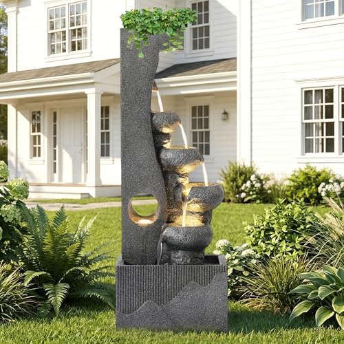 Grepatio Outdoor 6-Tiers Water Fountain, Cascading Water Fountain with 5 LED Lights, 39"H Large Waterfall Fountains, Outside Modern Water Feature for Garden, Yard, Deck Decor Like Natural Stone, Grey by Takesyoutohaveawonderfullife