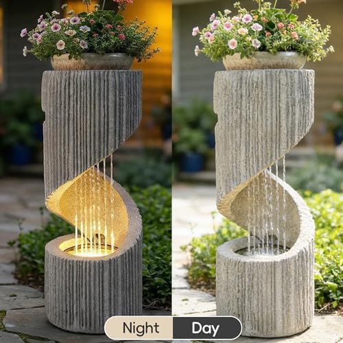 Modern S-Shaped Outdoor Fountain with LED Light, 30” Tall Spiral Column Waterfall Feature with Flat Top for Plant Display, Decorative Water Fountain for Garden, Patio - Image 4