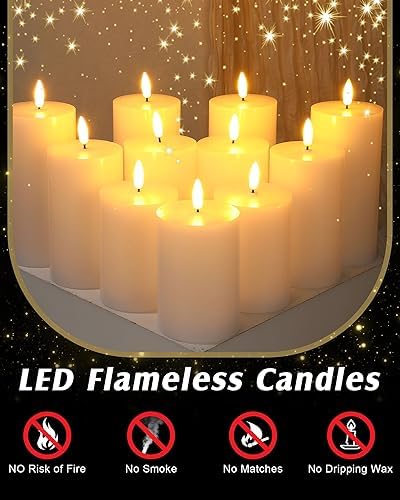 VIHOSE 12 Pack White Flameless Candles Set with Remote and Timer Flickering Flameless Battery Candles Flat Top LED Pillar for Wedding Outdoor Home Festival Decoration(D 3'' H 4'' 5'' 6'') - Image 3