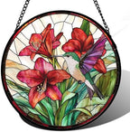Red Flower Hummingbird Stained Glass Window Hanging Gifts for Women 9.8" by amderven