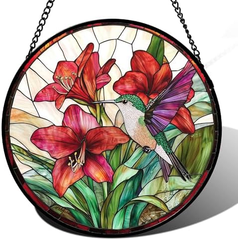 Red Flower Hummingbird Stained Glass Window Hanging Gifts for Women 9.8" by amderven