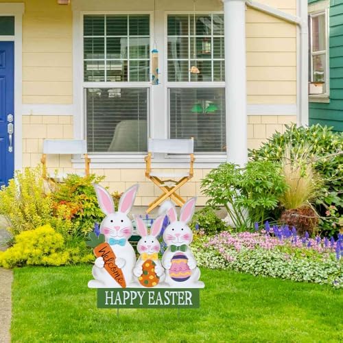 YEAHOME 3 Metal Bunny Decorative Garden Stakes for Easter Decor, Grey, Outdoor Decoration, Cottage Style, Water Resistant, Happy Easter Yard Sign - Image 3