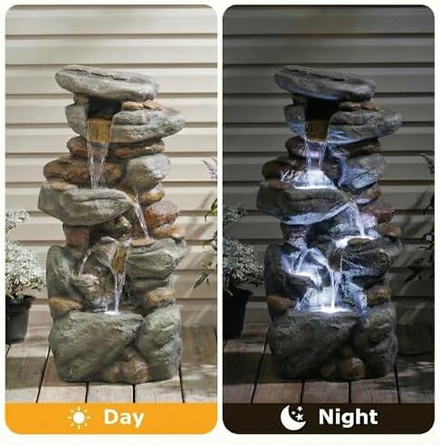 29.9” Water Fountain Outdoor, 5 Tier Fountains for Outside with Cascading Water & White LED Lights, Outside Water Feature for Gardens, Patios, Yards, and Decks (Brown(Rock)) - Image 4