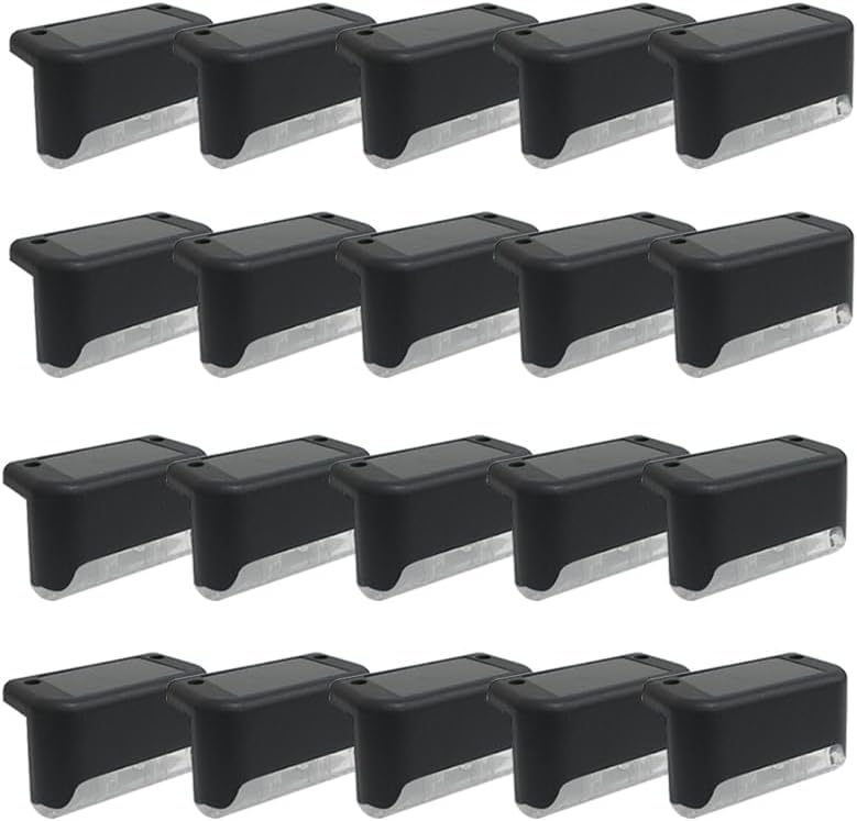 Solar Outdoor Fence Step Lights, 20pcs Black IP44 LED Outdoor Stair Lights, 1000mAh, Suitable for Courtyards, Decks, Steps, Walkways, and Lawn Paths by GTQPS