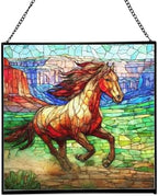 Brown Mustangs Horse cantering Through Open Canyon Floor Square Suncatcher – Stained Glass Style Window Panel with Pastoral Scene, Custom Decorative Hanging Art for Equestrian Home, Christmas hKBZvO by Custom