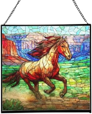 Brown Mustangs Horse cantering Through Open Canyon Floor Square Suncatcher – Stained Glass Style Window Panel with Pastoral Scene, Custom Decorative Hanging Art for Equestrian Home, Christmas hKBZvO by Custom