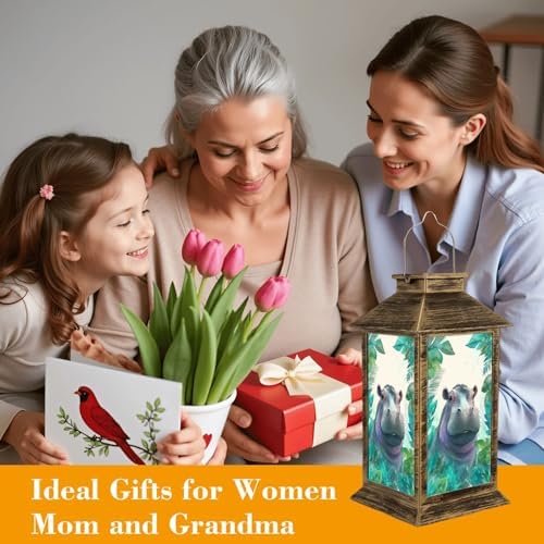 Solar Lantern Outdoor Waterproof Watercolor Hippo Portrait Cute Boho Feathers Prints Animals Posters Garden Decor LED Hanging Solar Lights Tabletop Lamp Gifts for Women Mom Outside Yard Patio Porch - Image 4