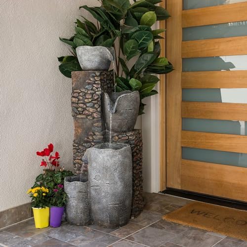 Alpine Corporation HIM562 Outdoor 4 Tier Stone Bowl Fountain with LED Lights for Garden, Patio, Yard, and Outdoor Spaces, 42" H, Gray by Unknown