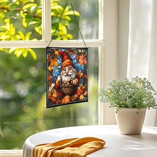 Gnome with Acorn Basket Stained Glass Suncatcher – Square Hanging Window Panel for Home or Greenhouse – Whimsical Glass Art Gift for Garden Lovers, Christmas, Halloween, Father Days hZKufe - Image 3