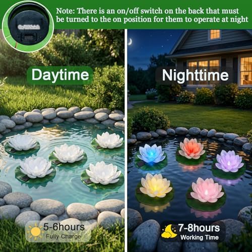 12 PCS Floating Lotus Flower Solar Pool Lights with Lily Pads (Multicolor) - Image 5