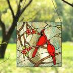 PA0008 Handcrafted Stained Glass Cardinal Window Hanging Suncatcher, Tiffany Style Window Panel with Red Birds 12" Wx12 H for Home Decor, Memorial Gifts for Bird Lovers, Ready to Hang - Image 2